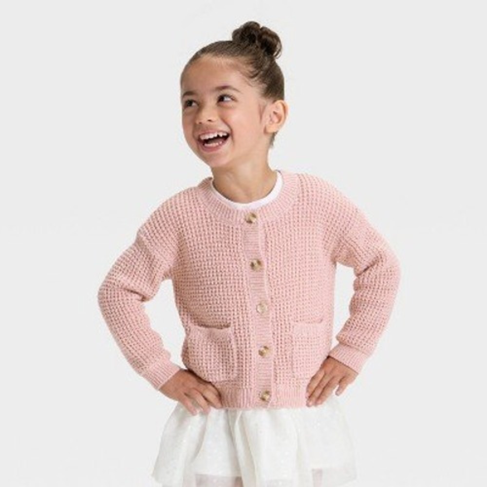 Cat & Jack Girls Waffle Knit‎ Cardigan Sweater Pink Button Front Size 4T NEW